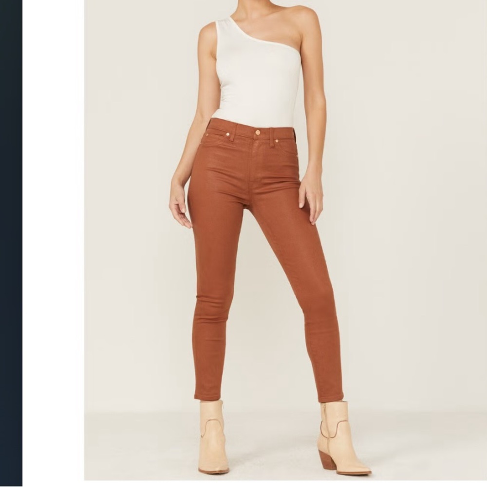 7 for All Mankind High Rise Stretch Faux Leather Coated Skinny Jeans Rust/Brown